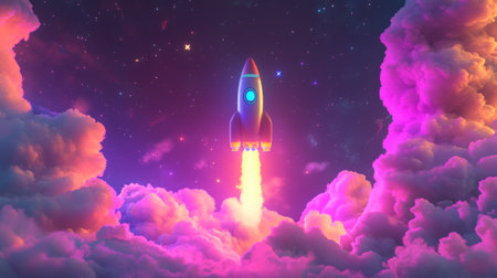 A rocket blasts off into the starry sky, leaving a trail of fire behind itの素材