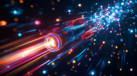 A futuristic spaceship travels through space, leaving a trail of colorful lightの素材
