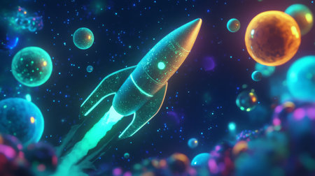 A colorful rocket launching through a vibrant cosmic scene with glowing orbs and starsの素材