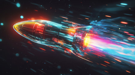 Dynamic digital artwork of a futuristic rocket soaring through space at high speedの素材