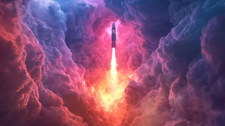 A rocket launches through colorful clouds into the atmosphere at dawnの素材