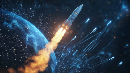 Rocket launching from Earth into space with fiery exhaust and starry background at nightの素材