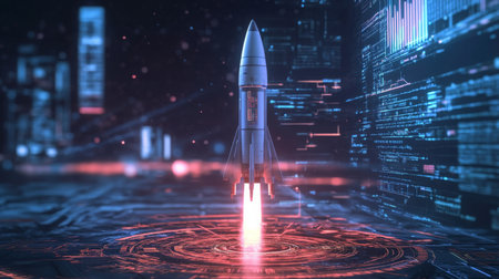Rocket launching into space amidst digital technology and futuristic cityscape at nightの素材