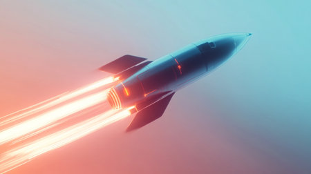 A rocket ascending into the sky, leaving bright trails during a clear sunsetの素材