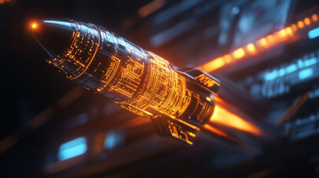 Futuristic rocket launch with glowing digital elements in a high-tech environment at nightの素材