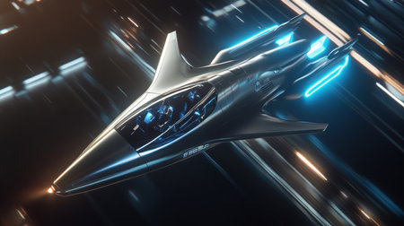 A futuristic spaceship flies through space, leaving a trail of blue and orange lightの素材