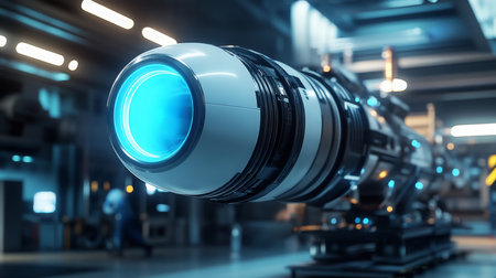A futuristic engine with a glowing blue light sits in a modern factoryの素材