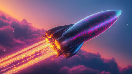 A rocket ship blasts off into space, leaving a trail of fire behind itの素材