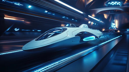 Futuristic spaceship gliding through an advanced space station filled with glowing lightsの素材