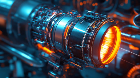 High-tech jet engine component glowing with orange light in a futuristic settingの素材