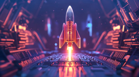 Futuristic rocket launch from a high-tech launch pad in a neon-lit environmentの素材