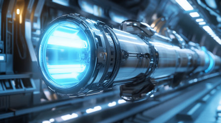 A futuristic engine glows with a bright blue light in a spaceshipの素材