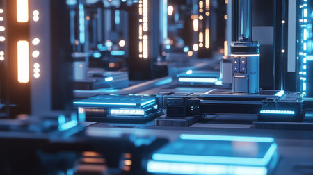 Futuristic cityscape featuring glowing structures and advanced technology at nightの素材