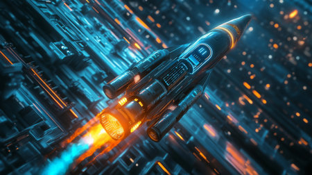 Futuristic rocket soaring through a neon-lit cityscape at nightの素材