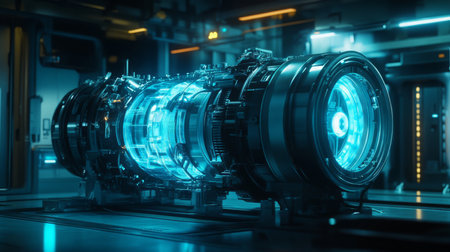 Futuristic energy core displayed in a high-tech laboratory during the evening hoursの素材