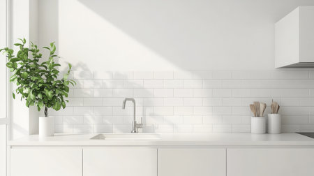 Modern kitchen design with minimal decor and natural light in a cozy urban apartmentの素材