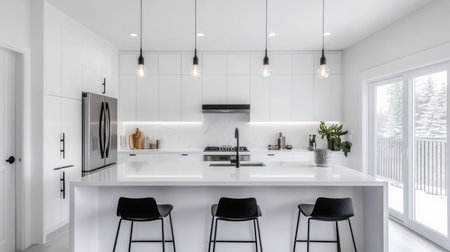Modern minimalist kitchen interior design featuring sleek appliances in a bright spaceの素材