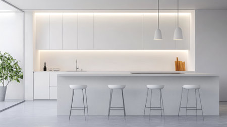 A white kitchen island with four bar stools, illuminated by pendant lights, in modern homeの素材