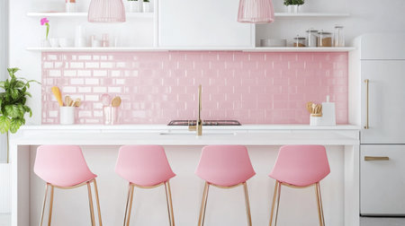 Modern kitchen with pink accents and stylish bar stools in a bright, airy spaceの素材