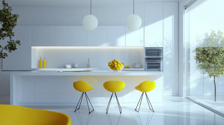 A modern kitchen with white cabinets and yellow stoolsの素材
