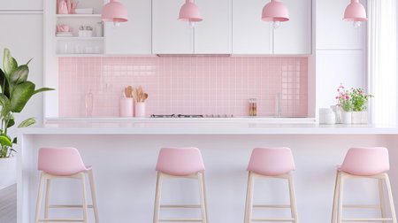 A modern kitchen with pink tile backsplash and matching bar stoolsの素材