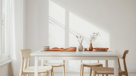 Bright and airy dining area with minimalistic decor and warm accents during the afternoonの素材