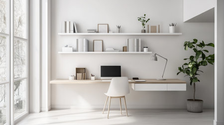 Modern home office setup with minimal decor and natural light during the dayの素材