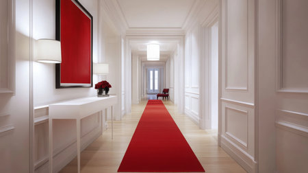 Elegant hallway featuring a red carpet and contemporary decor in well-lit modern interiorの素材