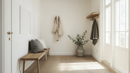 Cozy entryway with natural light and minimalist decor featuring plants and neutral tonesの素材