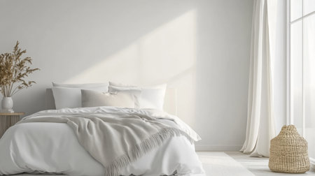 Cozy and minimal bedroom with natural light and soft textiles during the dayの素材