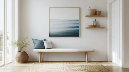 A modern entryway with a wooden bench, a woven rug, and an abstract paintingの素材