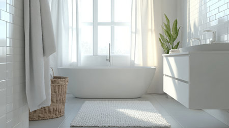 Serenity in a bright bathroom with a freestanding tub and natural light during the dayの素材