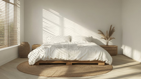 Cozy minimalist bedroom featuring natural light and soft textures during the daytimeの素材