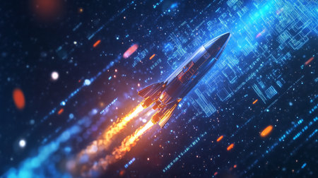 A rocket launching into a vibrant, digital universe filled with glowing data streamsの素材