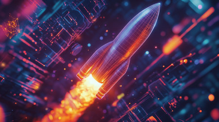 Vibrant digital rocket launch in a futuristic cityscape with glowing technology elementsの素材