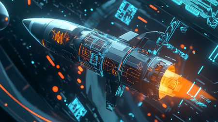 Rocket design launches through digital space with glowing elements and advanced techの素材