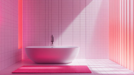 A bathtub sits in a pink tiled bathroom with a pink rug in front of itの素材