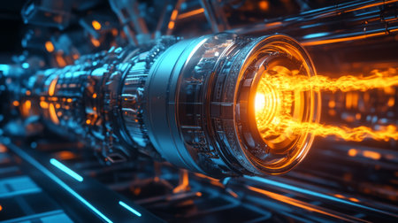 High-energy plasma engine producing vibrant light in a futuristic laboratory at nightの素材