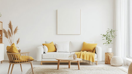 A modern living room with a white couch, yellow throw blanket, and a wooden chairの素材