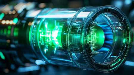 Futuristic green energy core glowing within transparent casing in high-tech laboratoryの素材