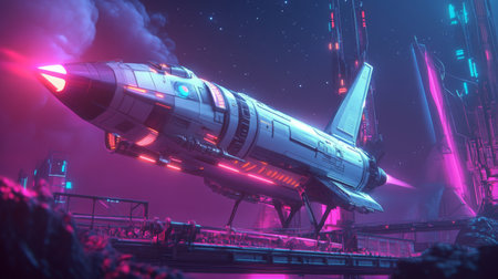 Futuristic rocket launching at night with neon lights in a vibrant sci-fi landscapeの素材