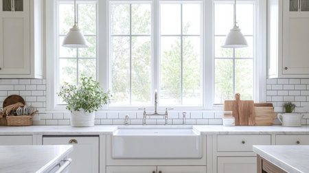 Bright and airy kitchen with farmhouse sink and natural light in a modern homeの素材