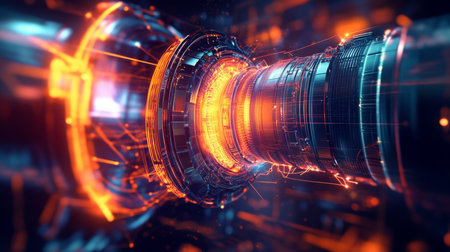Futuristic energy core glowing with vibrant colors in a dark technological environmentの素材