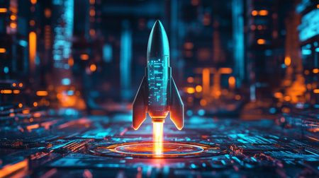Futuristic rocket launching from a glowing platform in a neon-lit cityscape at nightの素材