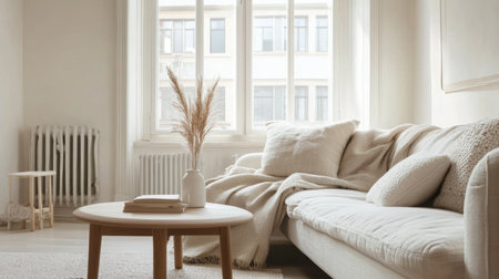 A white couch with throw pillows sits in a living room near a windowの素材