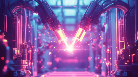 Two robotic arms meet in a futuristic factory, creating a bright sparkの素材