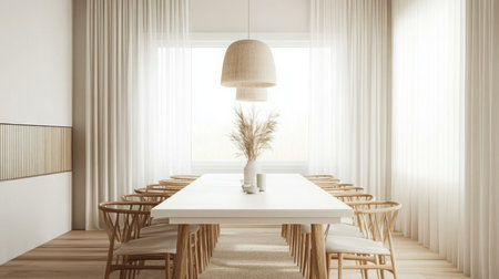 Modern dining room with natural light and minimalist decor featuring a long white tableの素材