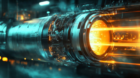 High-tech machinery with glowing elements and dynamic energy in modern industrial settingの素材