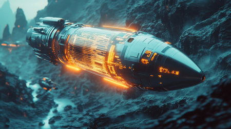 Futuristic spacecraft explores alien landscape with glowing details at twilightの素材