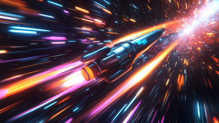 A futuristic rocket travels through colorful light trails in deep space at high speedの素材